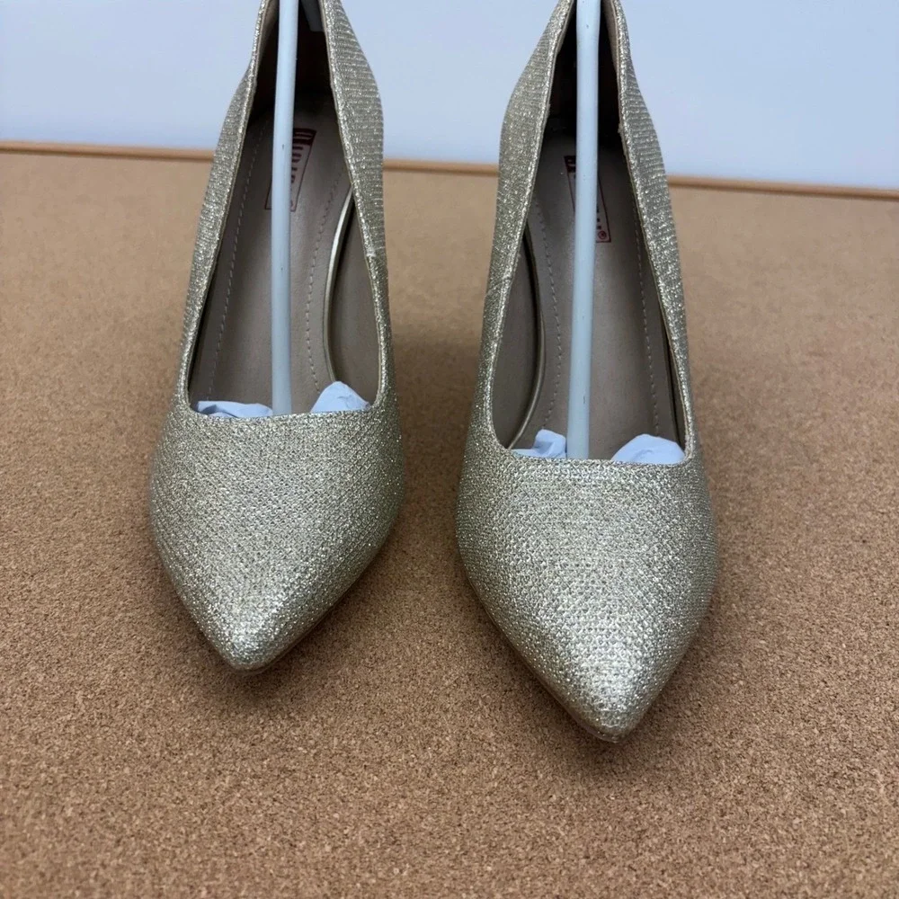 IDIFU IN4 Women 7.5 Gold Glitter Block Heel Pumps Pointed Toe Dress Shoes Womens